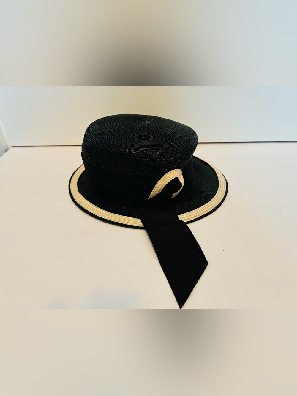 Vintage Black and Cream women’s Straw Boater Hat with Ribbon